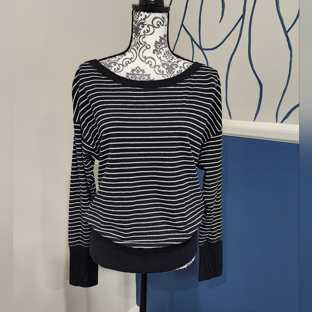 VSX Navy Blue and White Striped Open Back Sweater with Thumb Holes